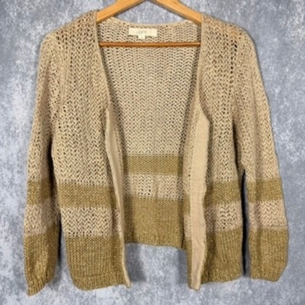 Loft Cardigan Women L Tan Gold Good Striped Metallic Open Knit Linen Blend